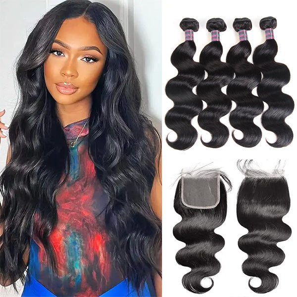 Four bundles of black body wave hair for Ishow Hair Brazilian Body Wave 4 Bundles With 5x5 Lace Closure product.