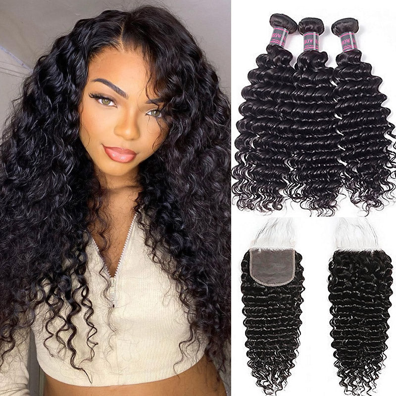Three bundles of Brazilian deep wave natural black human hair with a 5x5 lace closure from Ishow Hair.