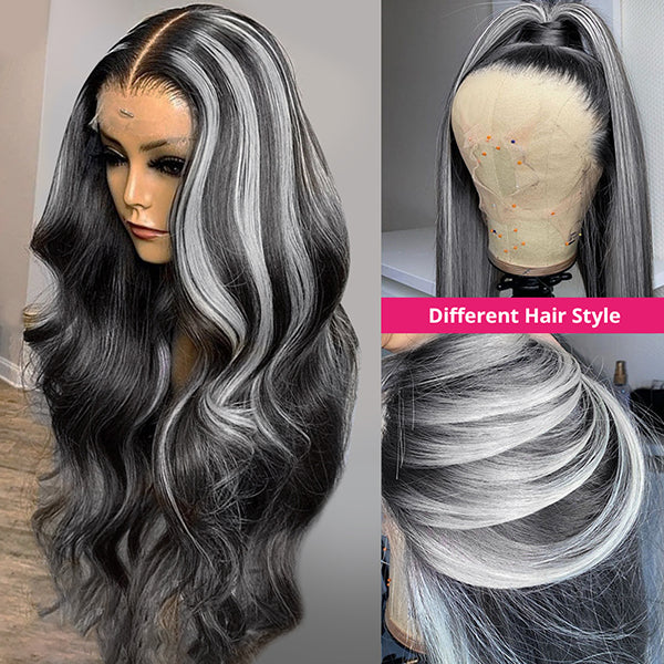 Gray Body Wave Lace Front Wig With Silver Highlights On Mannequin and Model