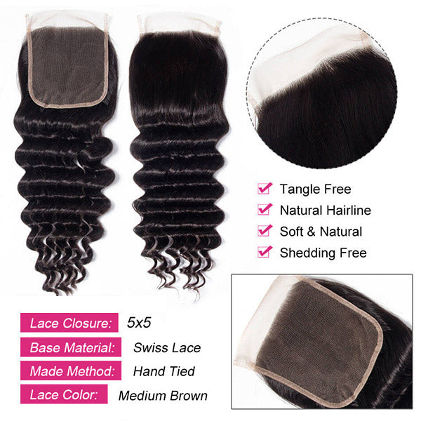 5X5 Loose Deep Wave Lace Closures in Medium Brown, Tangle-Free and Soft for Seamless Styling