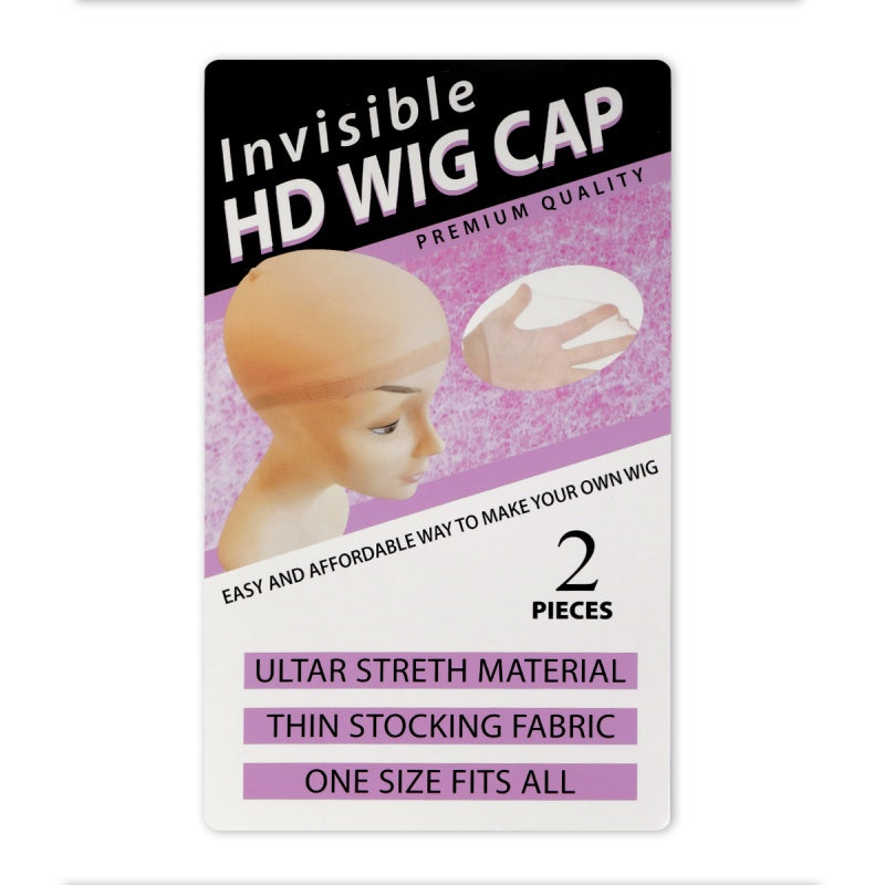 Ishow Beauty Invisible Wig Cap packaging displaying HD Wig Cap text, 2 pieces, and one size fits all on a purple background with the wig cap visible through a clear window.