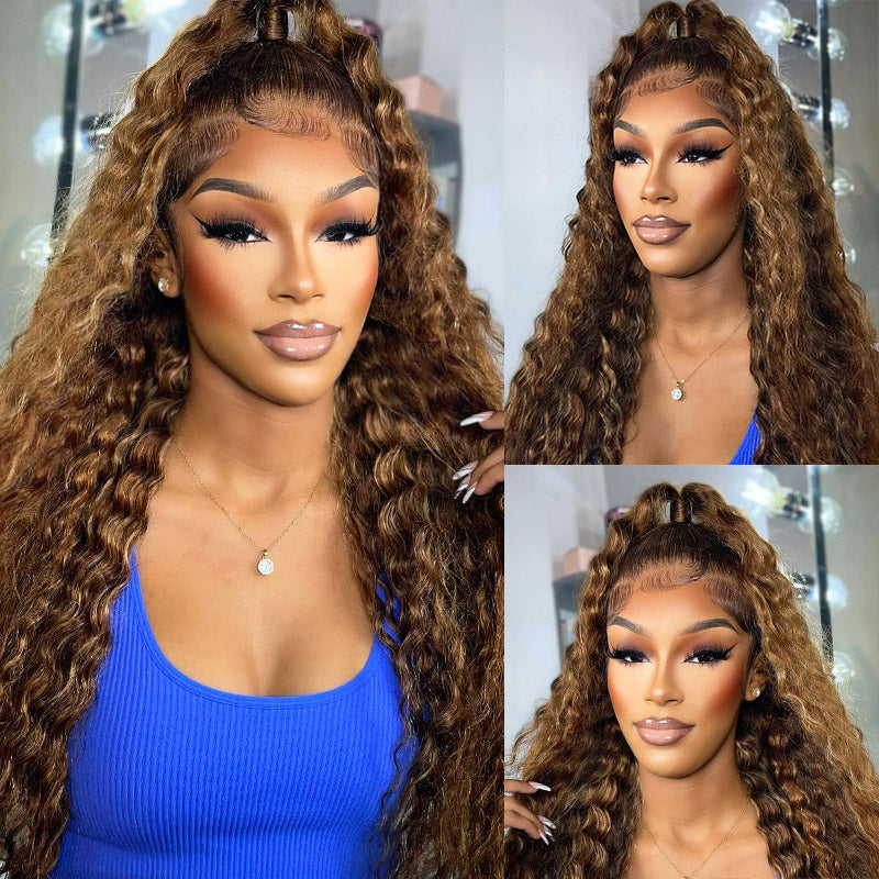 Honey Blonde Highlights Water Wave Wig With Voluminous Curls On Model