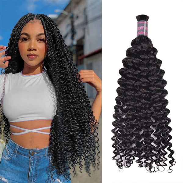 Two bundles of Ishow Curly Bulk Human Hair extensions with tightly coiled, natural black curls laid on a white background