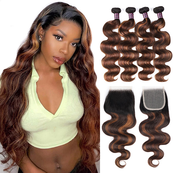 Ishow Body Wave Human Hair Bundles in T1b 4/30 Balayage Ombre Color with Lace Closure, showing four bundles and a lace closure laid out in wavy pattern.