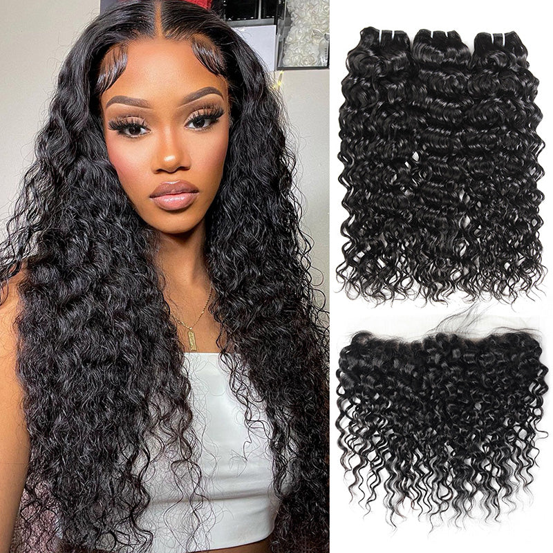 Long Water Wave Wig and Bundles in Natural Black Worn By a Model