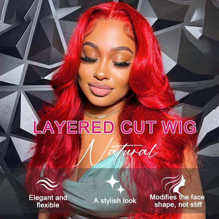 Ishow Red Color Layered Cut Wig Straight/Body Wave 5x5 Lace Glueless Wig 13x4 Lace Front Pre-Everything Human Hair Wigs