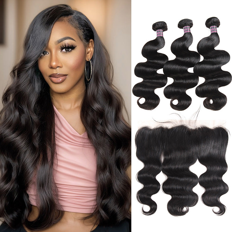 Model With Body Wave Black Hair, Displaying 100% Human Hair Bundles and Frontal
