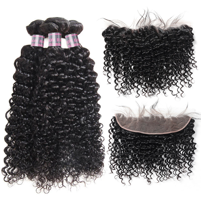 Curly Peruvian Hair Bundles With Lace Frontal Closure in Natural Black Color
