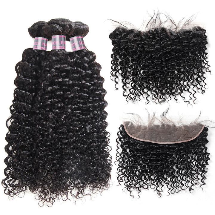 Curly Peruvian Hair Bundles With Lace Frontal Closure in Natural Black Color