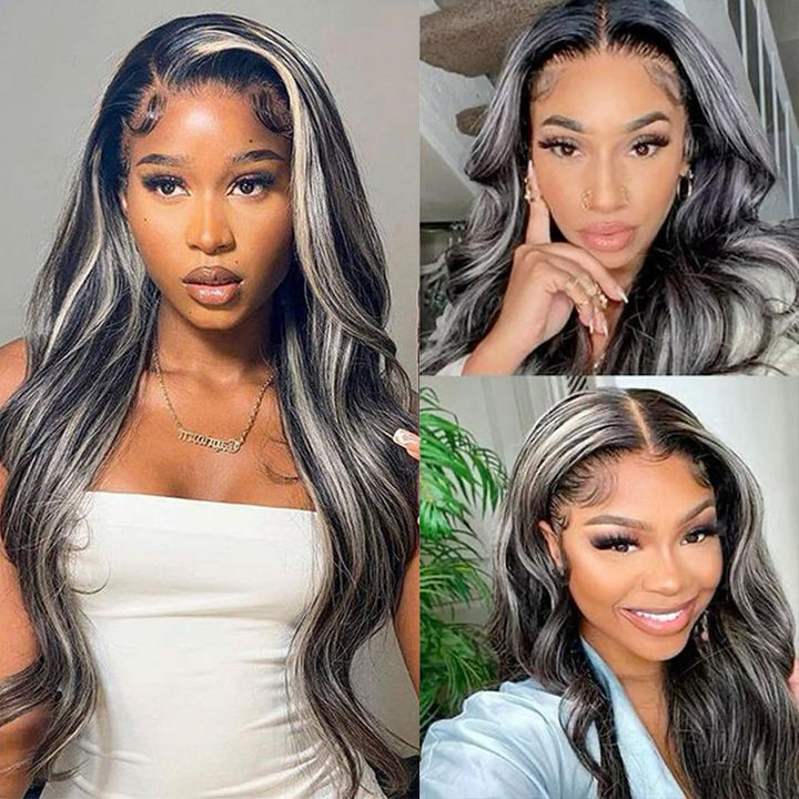Grey Highlights Body Wave Human Hair Lace Front Wigs 30Inch Transparent 13x4 Lace Front Wig