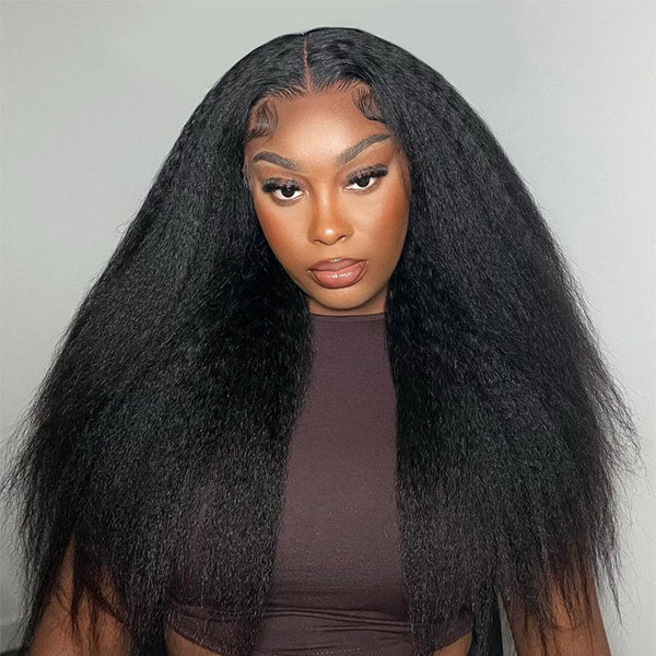 Close-up of Ishow PPB™ Invisible Knots Kinky Straight Human Hair Wig displaying a natural middle part and detailed hairline with invisible knots.