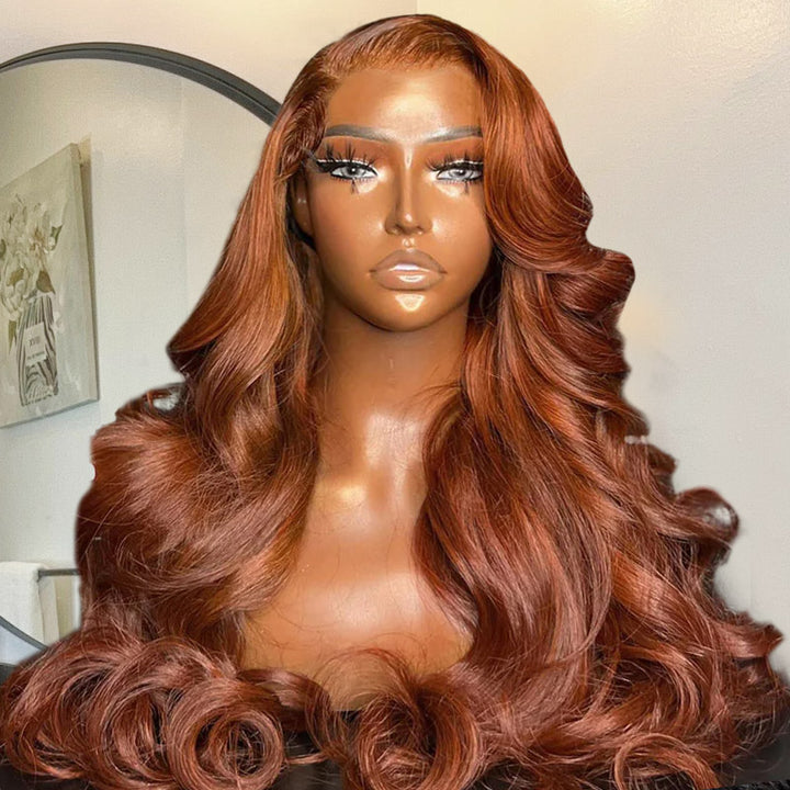 Dark Copper Ginger Brown Loose Body Wave Wig With Soft Curls On Mannequin