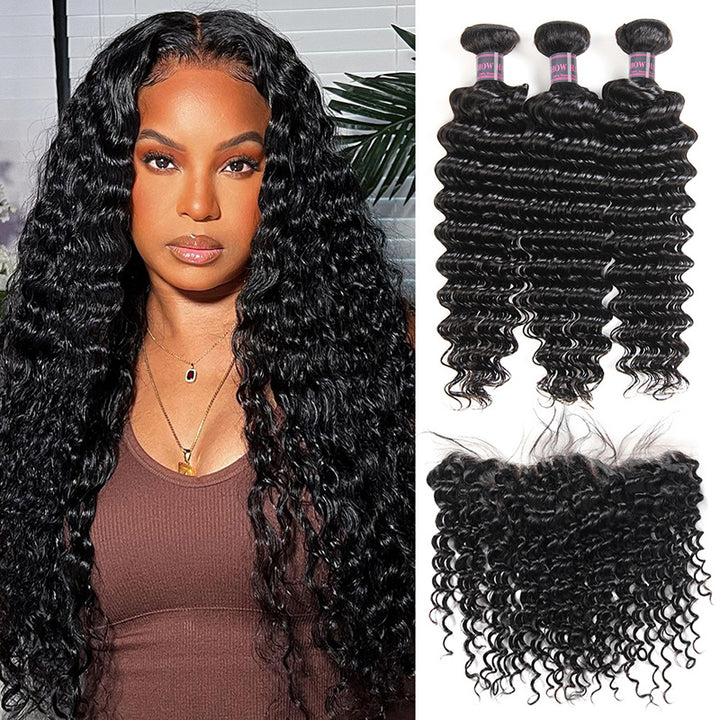 Model With Deep Wave Hair Next to Bundles and Lace Frontal, Showcasing Natural Hair Texture