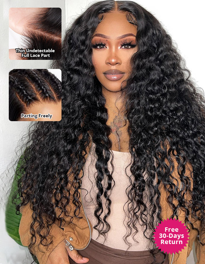 Model wearing Water Wave Full Lace Wig with pre-plucked natural hairline, showcasing deep water wave texture and full lace coverage.