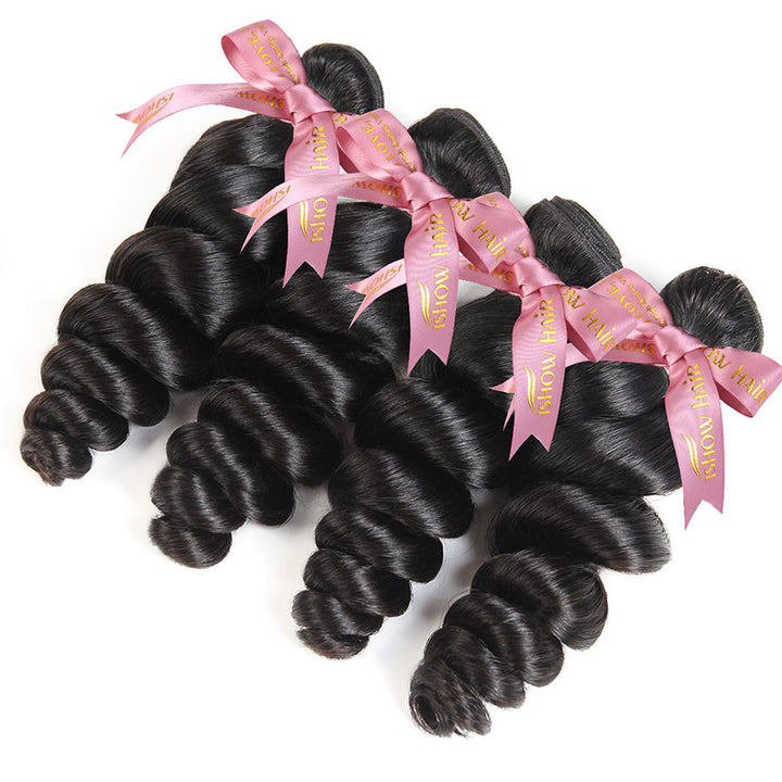 Four Bundles of 12a Grade Loose Deep Wave Human Hair Wefts in Natural Black With Ribbons