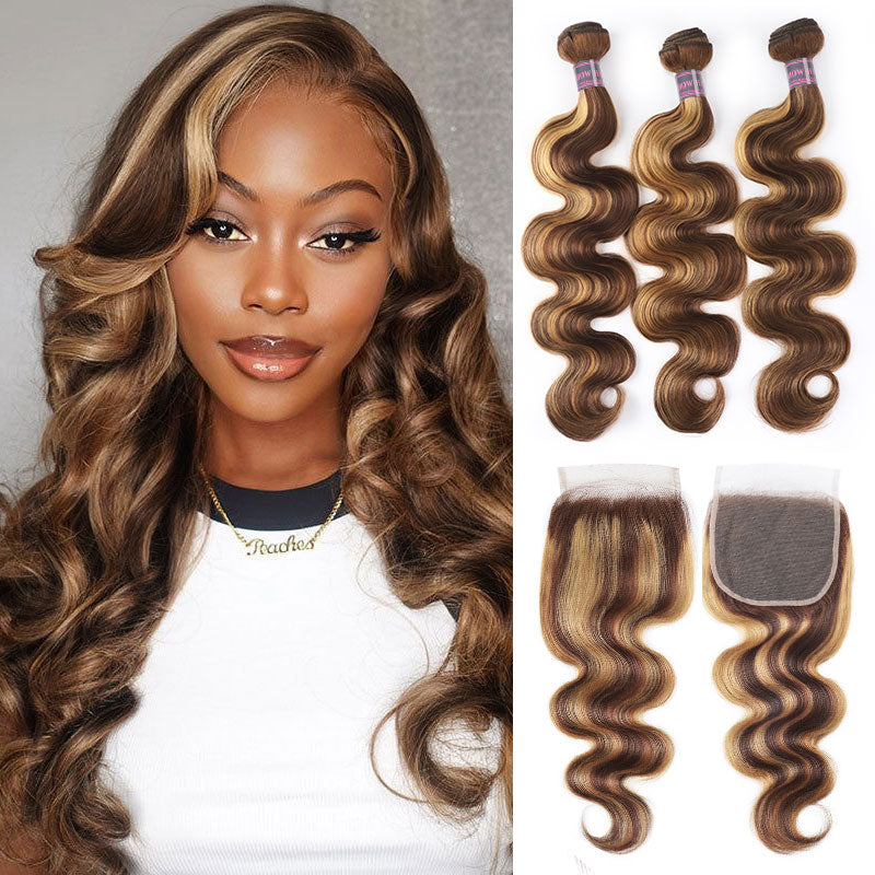 Product details of Ishow Highlight P4/27 Body Wave human hair extensions, showing three bundled wefts in brown shades, alongside hair specifications.