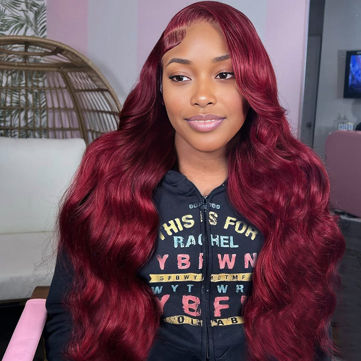 Vibrant 99J Burgundy body wave bundles with rich, multi-dimensional color for a bold, head-turning style