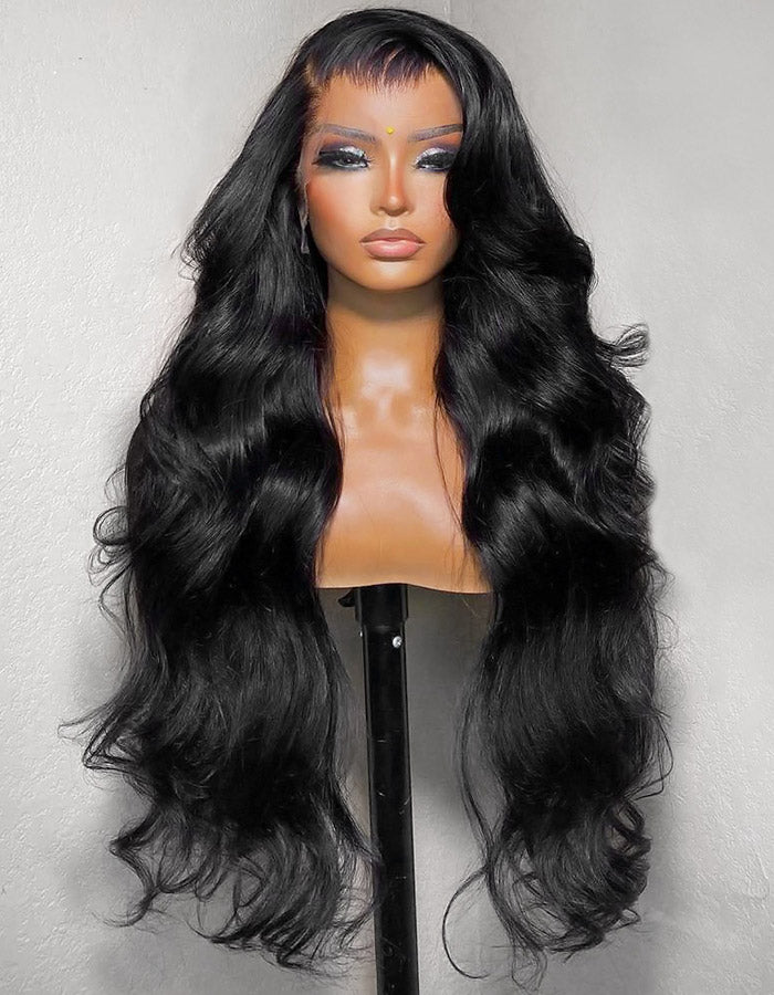 Long Black Body Wave Human Hair Wig On Mannequin With Shiny Texture