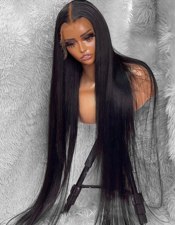 Long Straight Black Wig Displayed On a Mannequin With Pre-Plucked Hairline