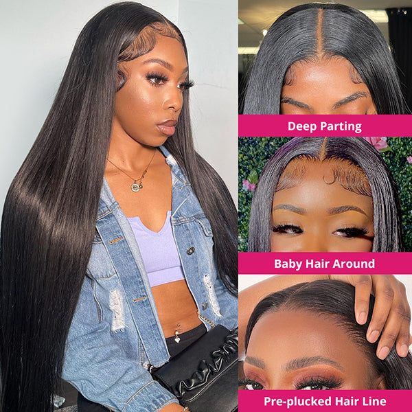 Model Highlights Ishow Straight Wig Features: Deep Part, Baby Hair, and Pre-Plucked Hairline