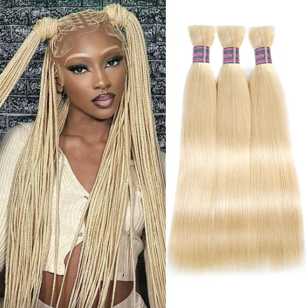 Three bundles of 613 blonde straight human hair extensions for braiding, secured with Ishow Beauty branded bands.