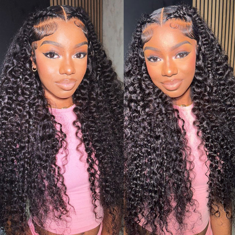 Model With Deep Wave Lace Front Wig Next to Hair Bundles for Sale