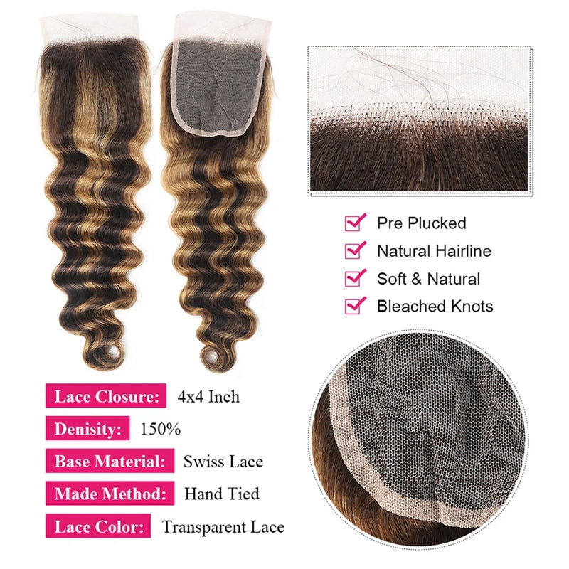 4X4 Inch Lace Closure With Loose Deep Wave Texture and Natural Hairline