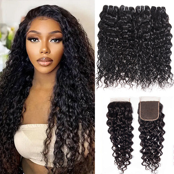 Model showcasing Ishow Hair Water Wave 4 Bundles with 5x5 Lace Closure in natural black color, emphasizing the wavy texture and fullness. Includes close-up views of individual hair bundles and lace closure.