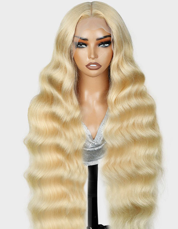 Glamorous Model With Long Blonde Body Wave Hairstyle Highlighting 613 Color