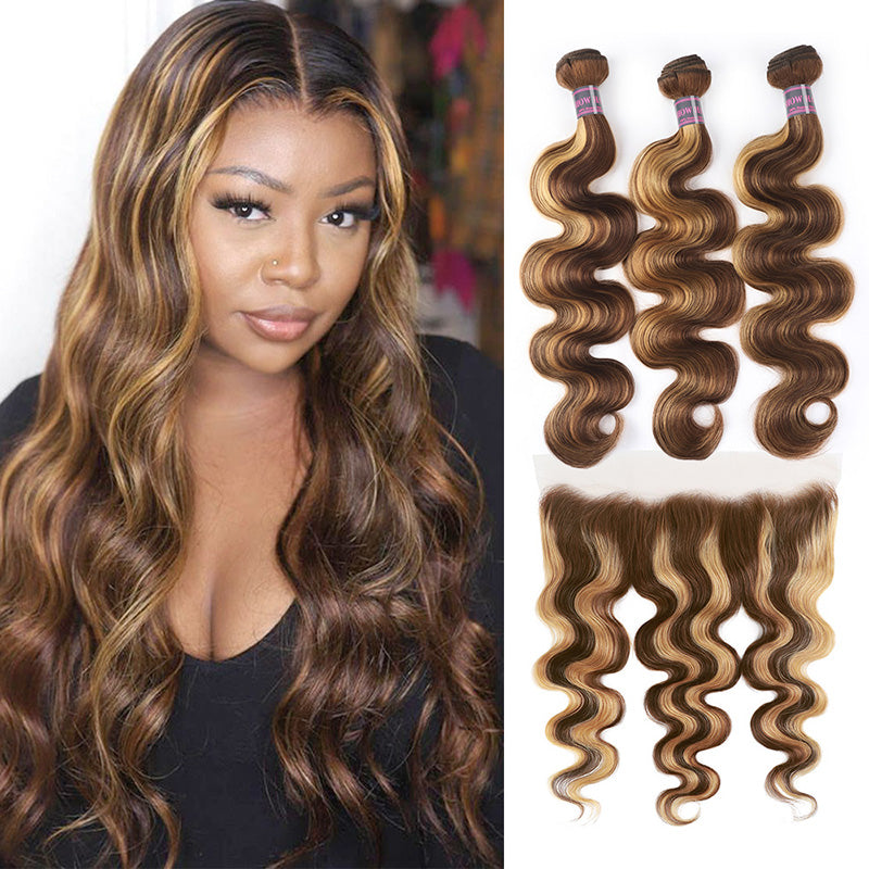 Honey Blonde Body Wave Wig With Highlighted Bundles and Frontal Display