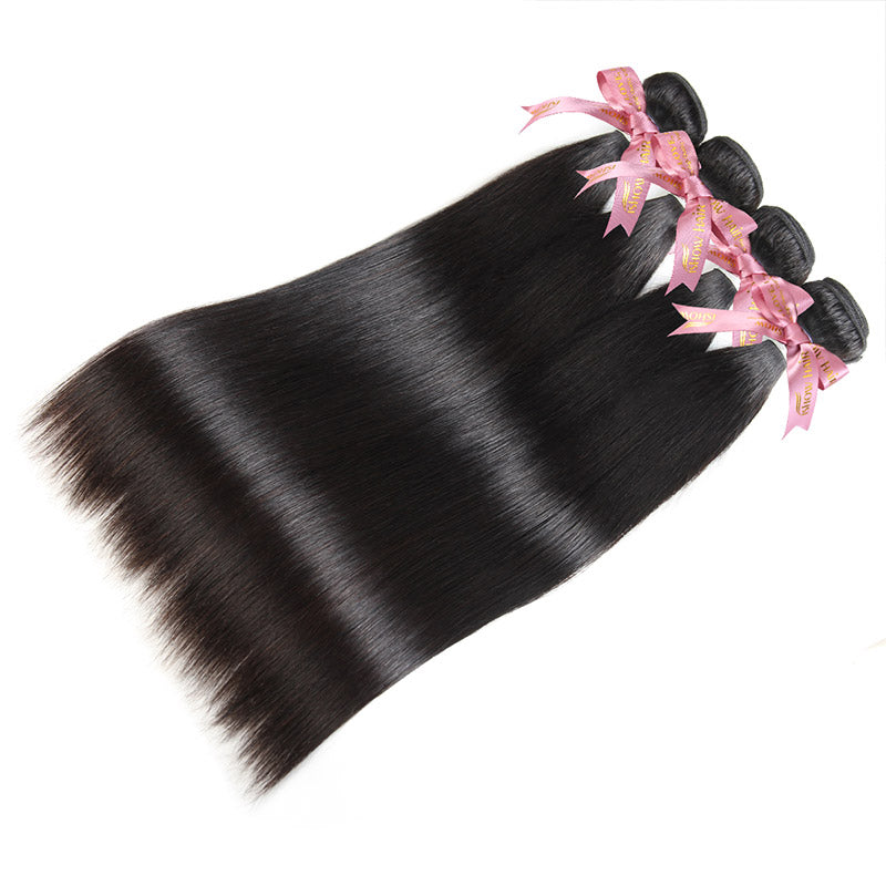 Three Long Straight Natural Black Hair Bundles Tied With Pink Ribbons