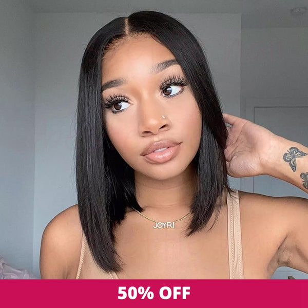Mannequin modeling Ishow Glueless Straight Lace Part Short Bob wig with natural black straight hair and lace part, showcasing sleek texture