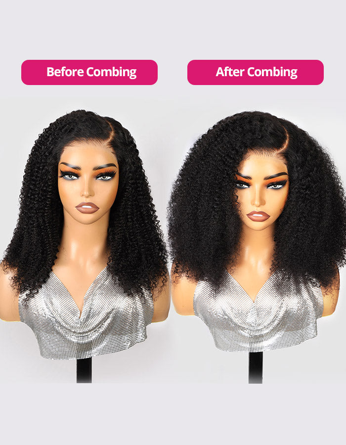 Kinky Curly Wig Before and After Combing Showing Enhanced Volume and Texture
