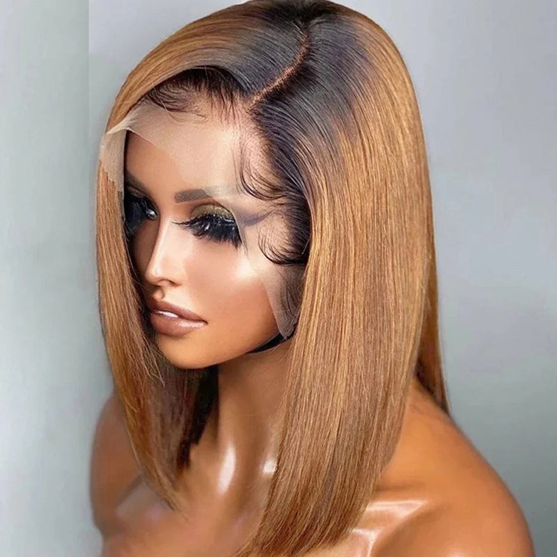 Close-Up of T1B/30 Bob Wig On Model With Pre-Plucked Lace and Sleek Straight Style