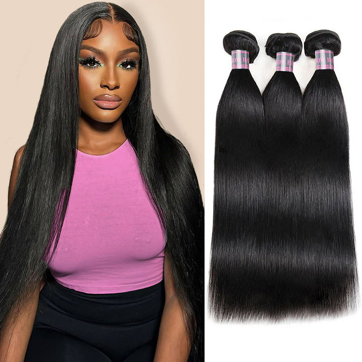 Jet Black Brazilian Virgin Hair Bundles Displayed With Straight Texture