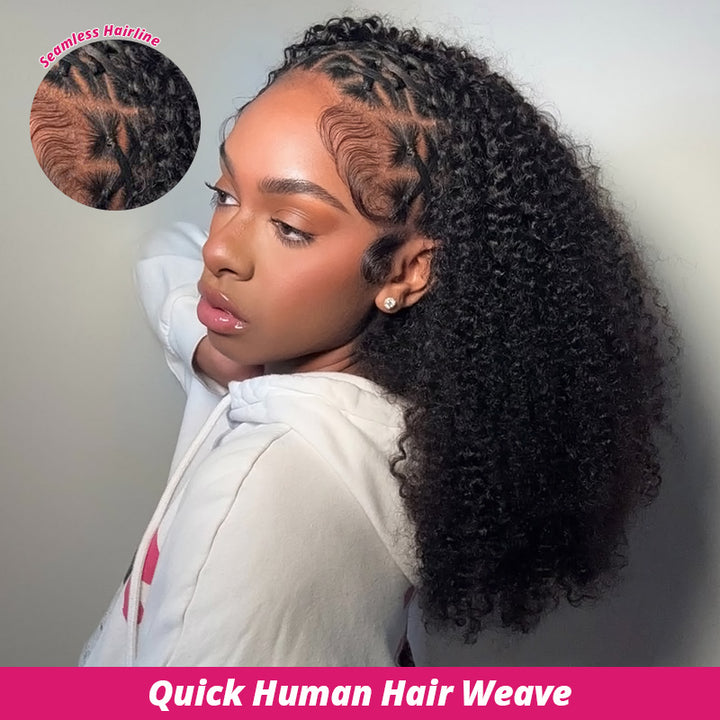 Woman wearing quick curly human hair weave which can make seamless hairline