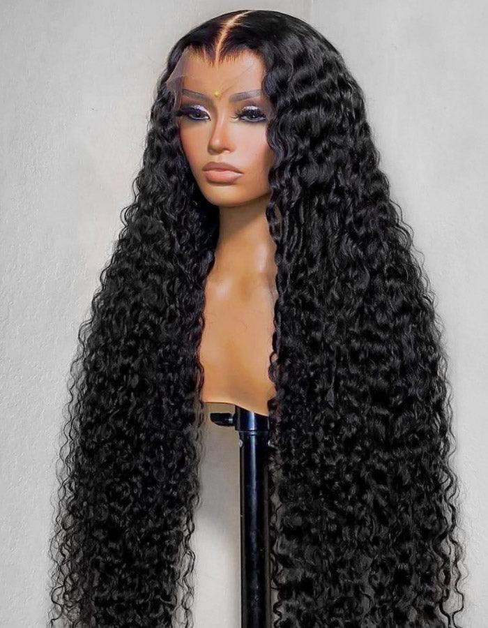 Long Deep Wave Natural Black 360 Full Lace Wig On a Mannequin Head With Defined Curls