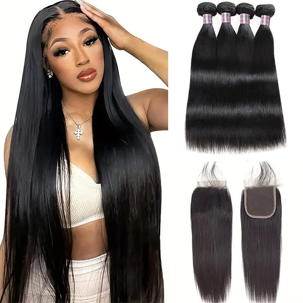 4 bundles of straight black Brazilian human hair weave, 8A grade. Shiny and natural-looking virgin hair for extensions.