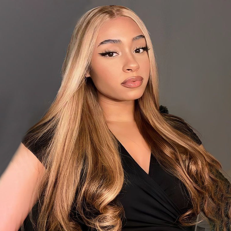 Glueless Straight Wig With P4/27 Highlights Styled On a Model