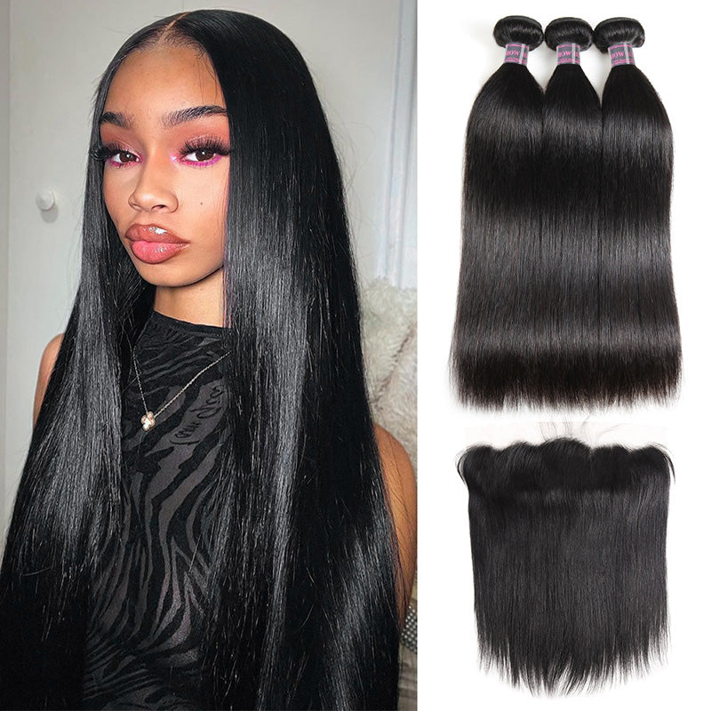Model in Sleek Black Straight Wig Next to Bundles of Straight Black Hair Extensions