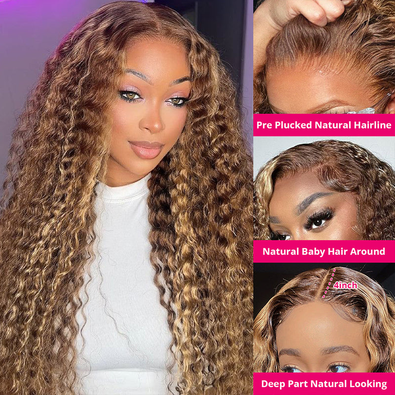 Balayage Highlight Lace Front Wigs Deep Wave Lace Frontal Wigs Pre Plucked Human Hair Wigs