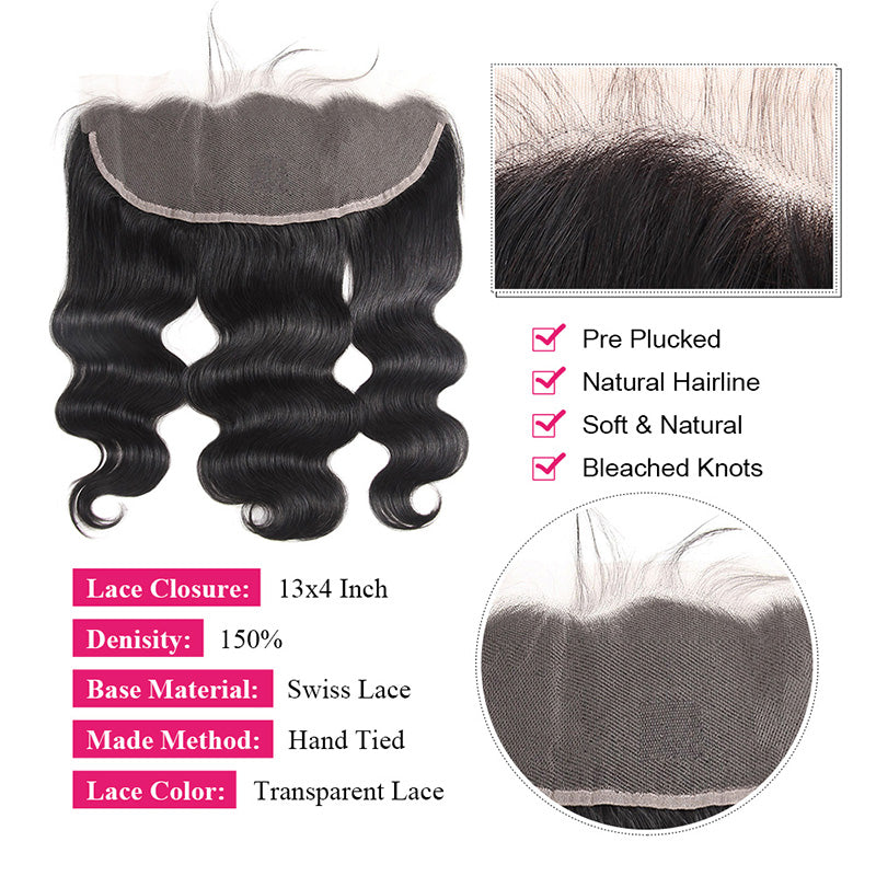 13X4 Lace Closure With Body Wave Texture and Pre-Plucked Baby Hair, 150% Density
