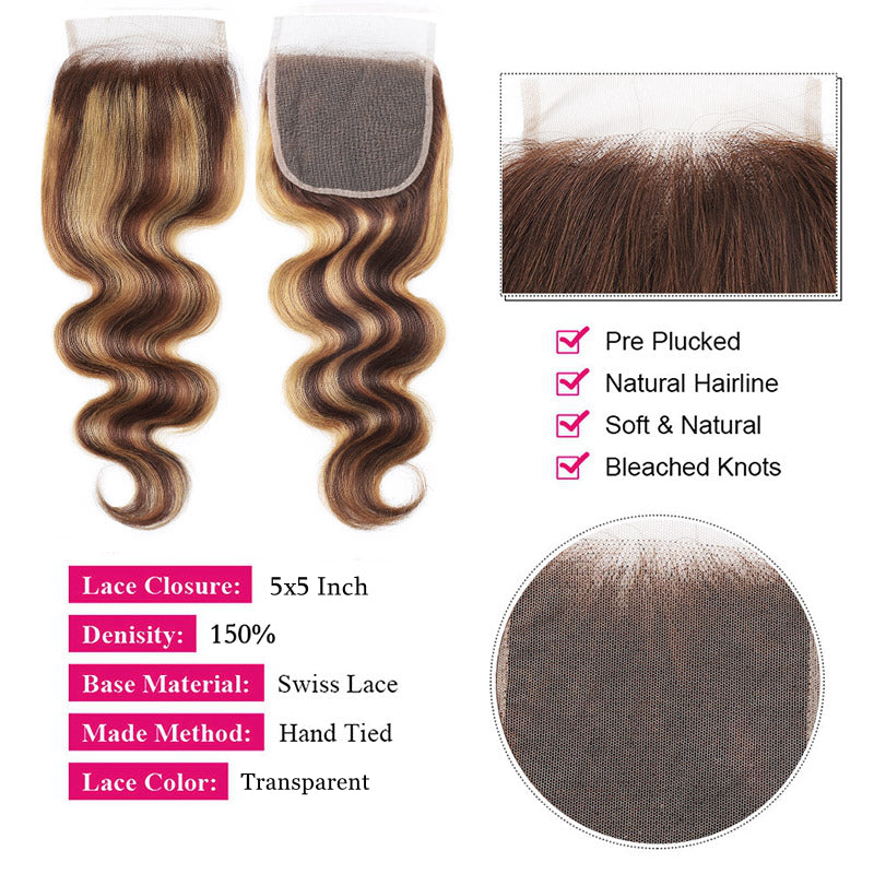 Ishow P4/27 Highlight Lace Closure Body Wave, Pre Plucked
