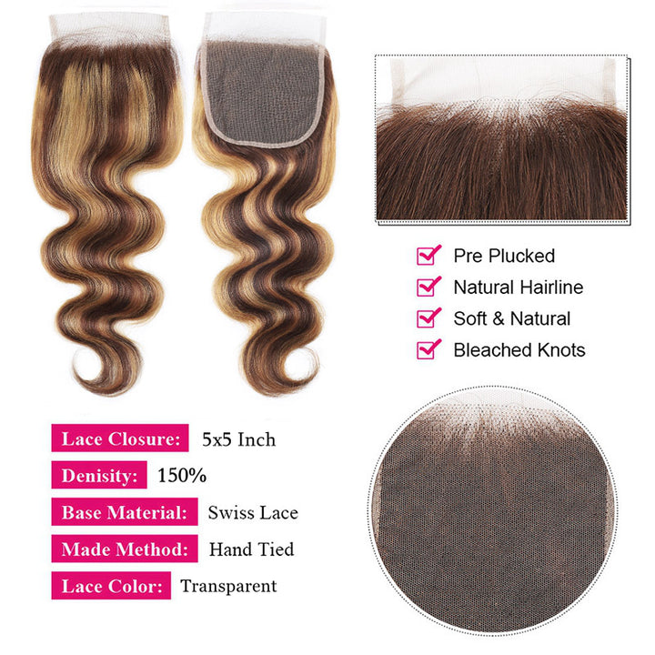 Ishow P4/27 Highlight Lace Closure Body Wave, Pre Plucked