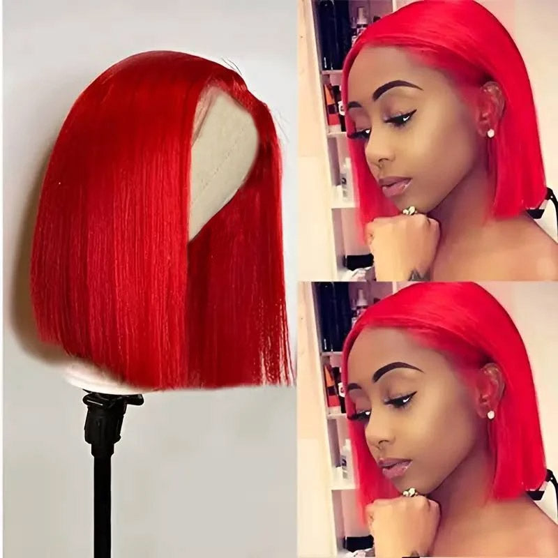 Vibrant Red Blunt Cut Bob Wig Displayed On a Stand Beside Model Showing Sleek Style