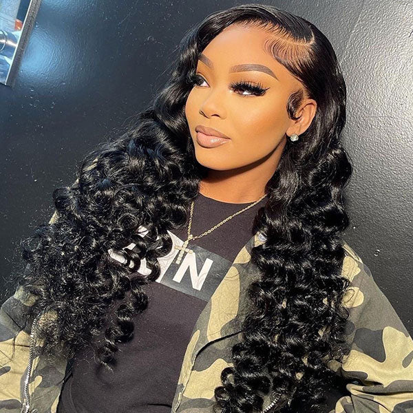 Close-up view of Ishow Beauty loose deep wave 100% human hair wig with center part and Invisiknots, showcasing pre-bleached knots for natural look.