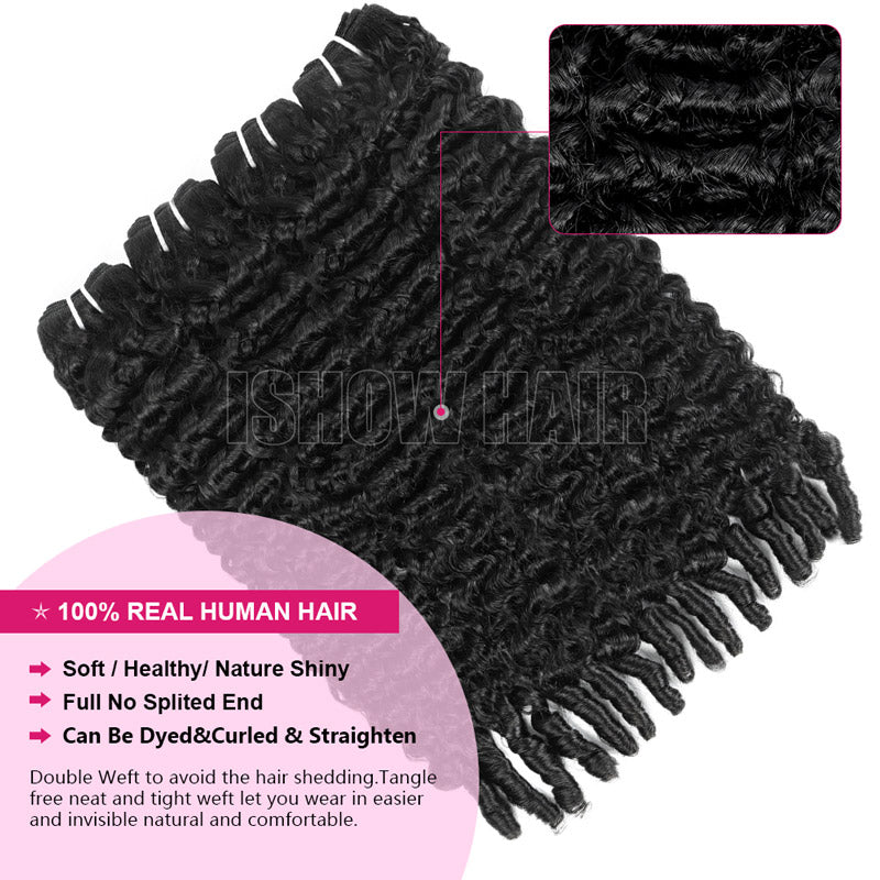 Black human virgin hair extensions with text highlighting features on a white background
