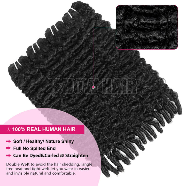 Black human virgin hair extensions with text highlighting features on a white background