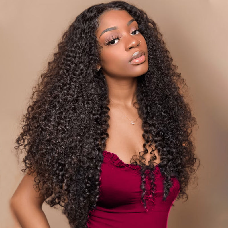Model Showcasing Voluminous Curly Bundles With Lace Frontal, Natural Black Hair