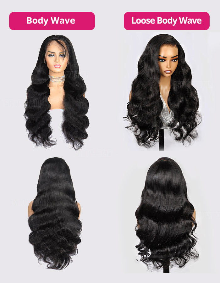 Body Wave vs Loose Body Wave Wigs in Natural Black Displayed On Mannequin